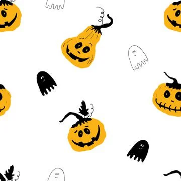 Halloween seamless pattern design. Cute cartoon pumpkin and ghost, holiday ba 스톡 일러스트