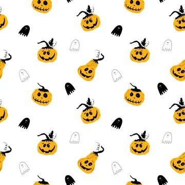 Halloween seamless pattern design. Cute cartoon pumpkin and ghost, holiday ba Stock Illustration