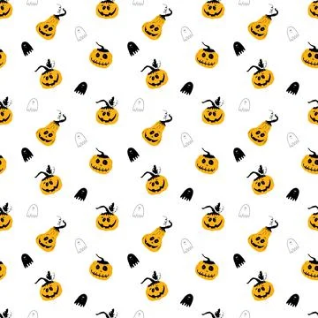 Halloween seamless pattern design. Cute cartoon pumpkin and ghost, holiday ba 스톡 일러스트