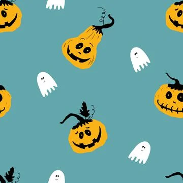 Halloween seamless pattern design. Cute cartoon pumpkin and ghost, holiday ba Illustrazione stock