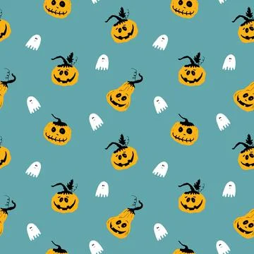 Halloween seamless pattern design. Cute cartoon pumpkin and ghost, holiday ba Stockillustratie