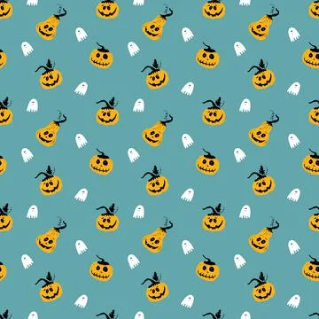 Halloween seamless pattern design. Cute cartoon pumpkin and ghost, holiday ba Illustrazione stock