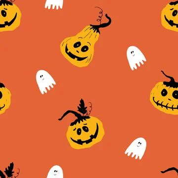 Halloween seamless pattern design. Cute cartoon pumpkin and ghost, holiday ba Stock Illustration