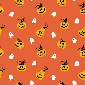 Halloween seamless pattern design. Cute cartoon pumpkin and ghost, holiday ba Stockillustratie