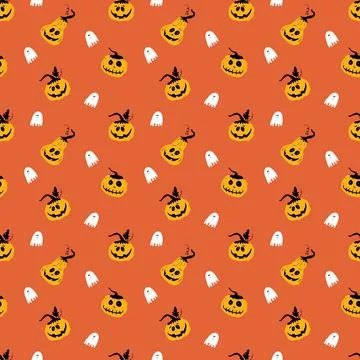 Halloween seamless pattern design. Cute cartoon pumpkin and ghost, holiday ba Illustrazione stock