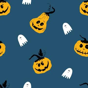 Halloween seamless pattern design. Cute cartoon pumpkin and ghost, holiday ba Stockillustratie