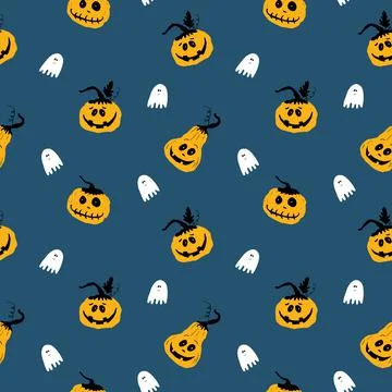 Halloween seamless pattern design. Cute cartoon pumpkin and ghost, holiday ba Stock Illustration
