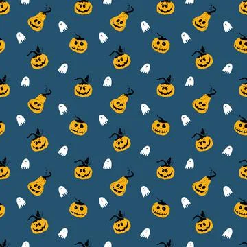 Halloween seamless pattern design. Cute cartoon pumpkin and ghost, holiday ba Stockillustratie