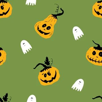Halloween seamless pattern design. Cute cartoon pumpkin and ghost, holiday ba Stock Illustration