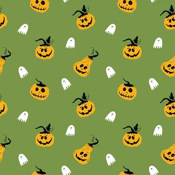 Halloween seamless pattern design. Cute cartoon pumpkin and ghost, holiday ba Stock Illustration