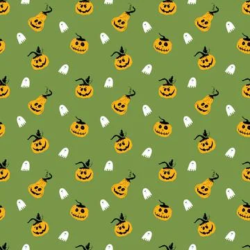 Halloween seamless pattern design. Cute cartoon pumpkin and ghost, holiday ba Illustrazione stock