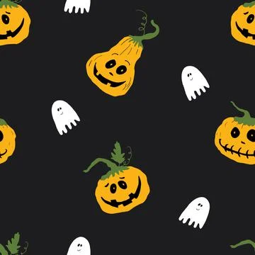 Halloween seamless pattern design. Cute cartoon pumpkin and ghost, holiday ba Stock Illustration