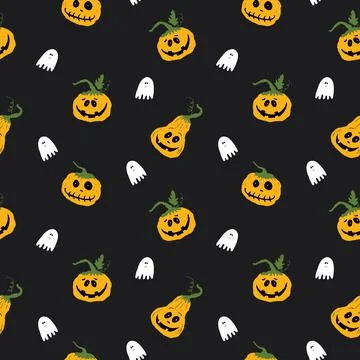 Halloween seamless pattern design. Cute cartoon pumpkin and ghost, holiday ba 스톡 일러스트