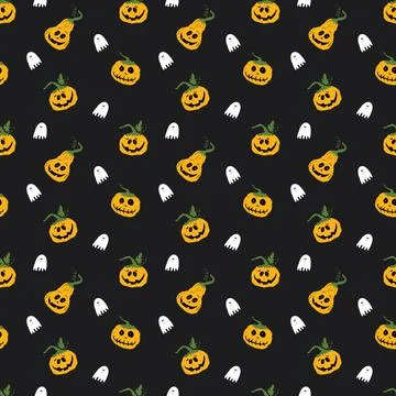 Halloween seamless pattern design. Cute cartoon pumpkin and ghost, holiday ba Stockillustratie