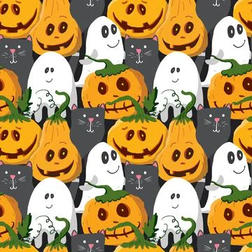 Halloween seamless pattern design. Cute cartoon elements, holiday background, 스톡 일러스트
