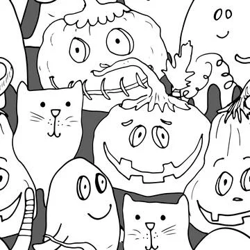 Halloween seamless pattern design. Cute cartoon elements, holiday background, 스톡 일러스트