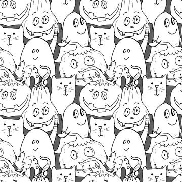 Halloween seamless pattern design. Cute cartoon elements, holiday background, 스톡 일러스트