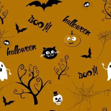 Halloween seamless pattern design with ghost, skull, pumpkin and black cat Illustrazione stock