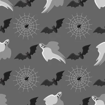 Halloween seamless pattern design with ghost, bat and spider on web Stock Illustration