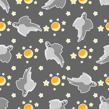 Halloween seamless pattern design with ghost, moon and stars Stock Illustration