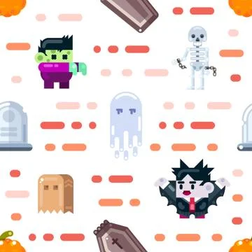 Halloween seamless pattern design with ghosts, zombie, dracula, coffin, skeleton Stock Illustration