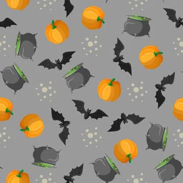 Halloween seamless pattern design with pumpkin, pot with a potion and bat Stock Illustration