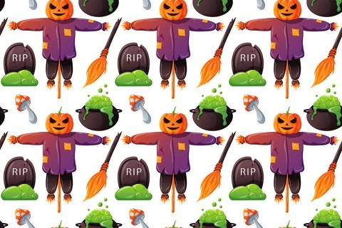 Halloween seamless pattern design with scarecrow, broom, fly agaric mushroom Stock Illustration