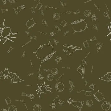 Halloween seamless pattern design with with white contour witch hat, ghost, p Stock Illustration