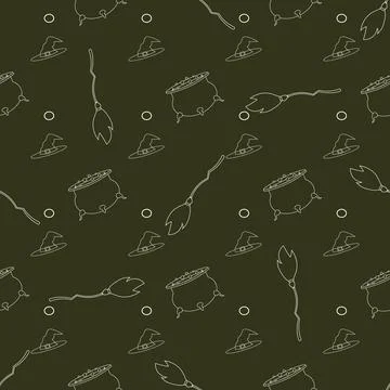 Halloween seamless pattern design with white contour broom, pot with a potion Stock Illustration