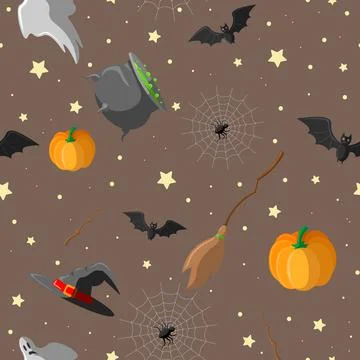 Halloween seamless pattern design with witch hat, ghost, pumpkin, pot with a  Stock Illustration