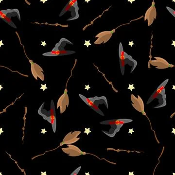 Halloween seamless pattern design with witch hat, magic wand, star and broom Stock Illustration