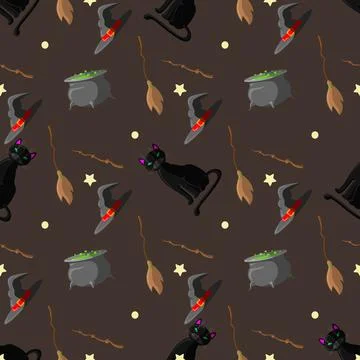 Halloween seamless pattern design with witch hat, magic wand, black cat, broo 스톡 일러스트