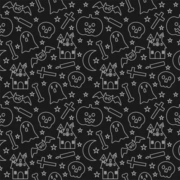 Halloween Seamless Pattern Design With Witch, Haunted House, Pumpkins or Bats Illustrazione stock