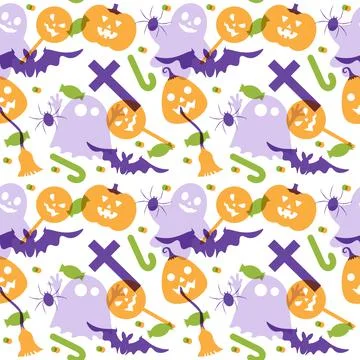 Halloween Seamless Pattern Design With Witch, Haunted House, Pumpkins or Bats Stock Illustration