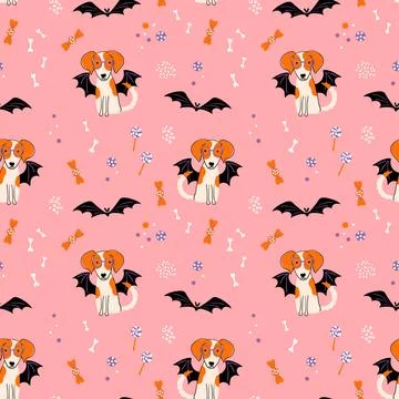Halloween seamless pattern with dog in a bat costume Stock Illustration