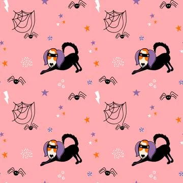 Halloween seamless pattern with dog in a Spiderman costume. Stock Illustration