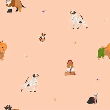 Halloween seamless pattern with dogs in cute halloween costumes. Bee, pirat.. Stock Illustration
