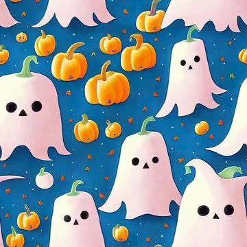 Halloween seamless pattern, Doodle cute ghosts  Simple spooky character or scary Stock Illustration
