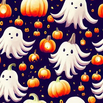 Halloween seamless pattern, Doodle cute ghosts  Simple spooky character or scary Stock Illustration