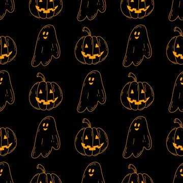 Halloween seamless pattern with doodle ghost and pumpkin in neon colors on black Stock Illustration