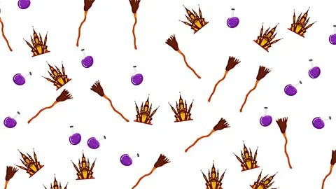 Halloween seamless pattern featuring haunted castles, magic potions, and wi.. Illustrazione stock