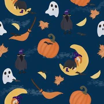 Halloween Seamless Pattern Featuring Witches, Ravens, Pumpkins, Broomsticks.. Stock Illustration