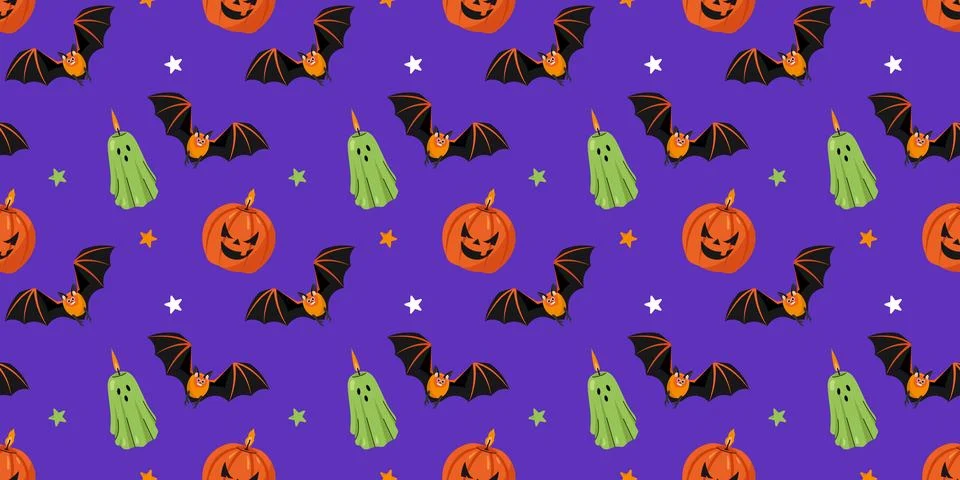 Halloween seamless pattern with flying bats carved pumpkins green candles and Иллюстрация