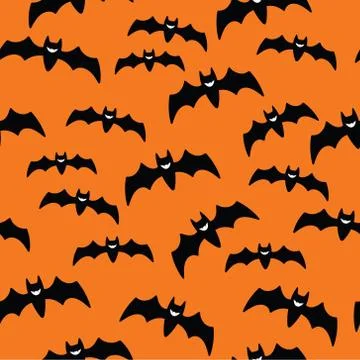 Halloween Seamless Pattern with Flying Black Bat vampire Silhouettes on Orang Stock Illustration