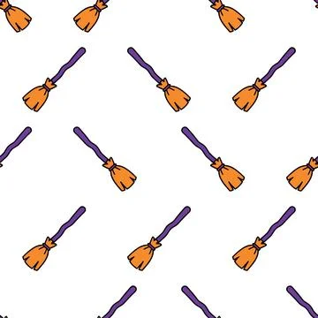 Halloween seamless pattern with flying witch brooms. Stock Illustration