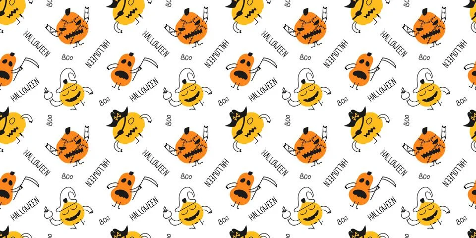 Halloween seamless pattern of funny pumpkins and handwritten words. Hand draw Illustrazione stock