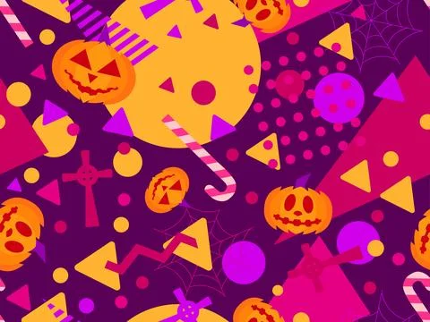Halloween seamless pattern with geometric shapes in 80s memphis style. Hall.. Stock Illustration