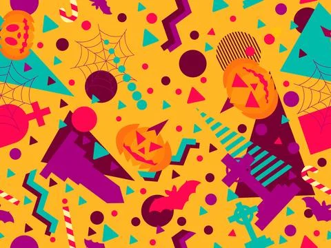 Halloween seamless pattern with geometric shapes in 80s memphis style. Hall.. Stock Illustration