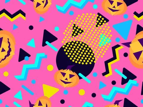 Halloween seamless pattern with geometric shapes in 80s Memphis style. Carv.. Stock Illustration