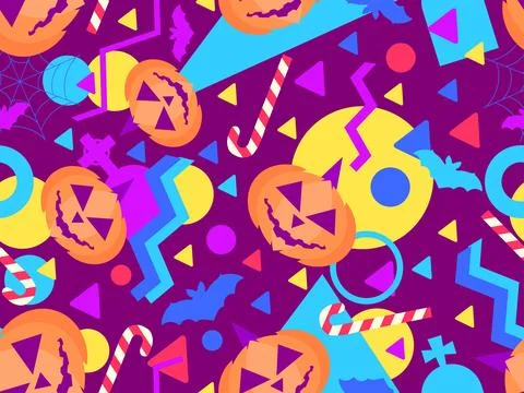 Halloween seamless pattern with geometric shapes in 80s memphis style. Hall.. Stock Illustration